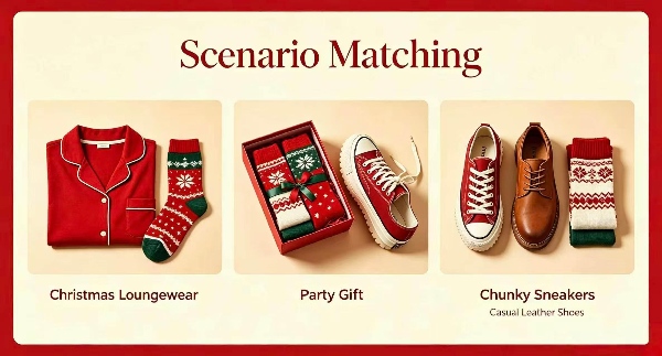 Christmas socks worn for holiday parties, family gatherings and home decoration