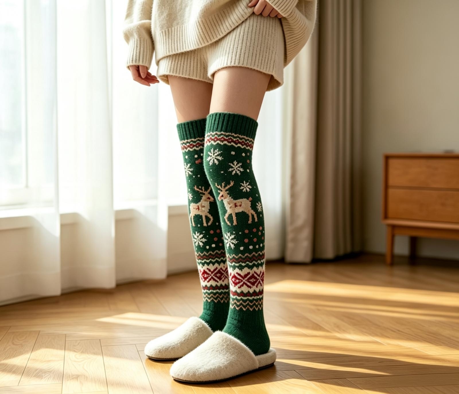 custom snowflake reindeer over knee christmas socks