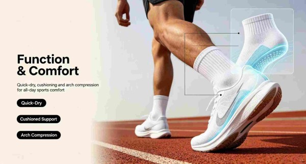 Custom sports socks with cushioned sole and moisture wicking fabric