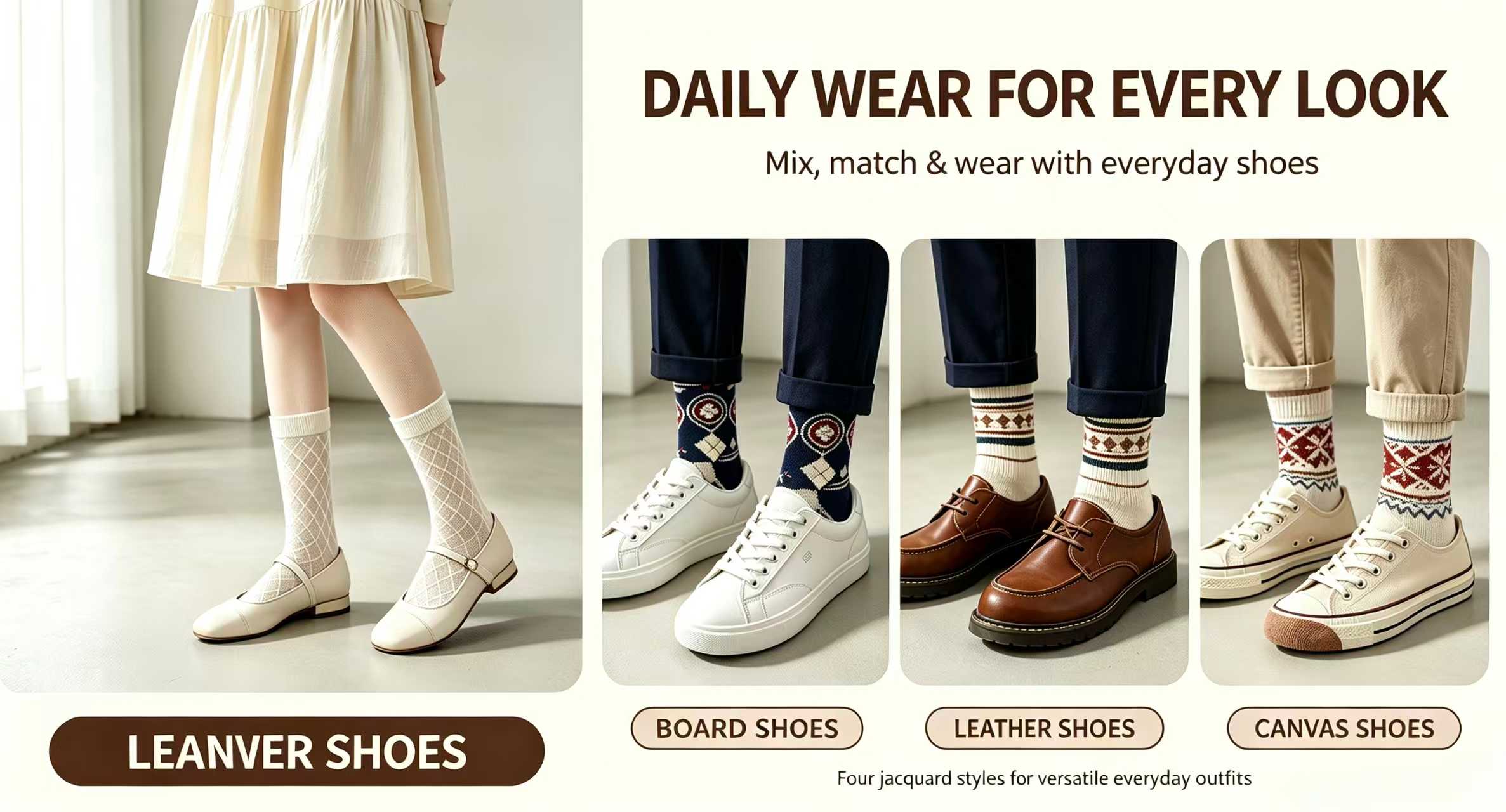 Jacquard socks match sneakers, canvas shoes and leather shoes